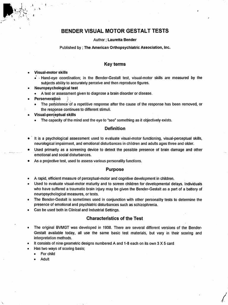 Bender Visual Motor Gestalt Test BVMGT PDF Psychology Cognition