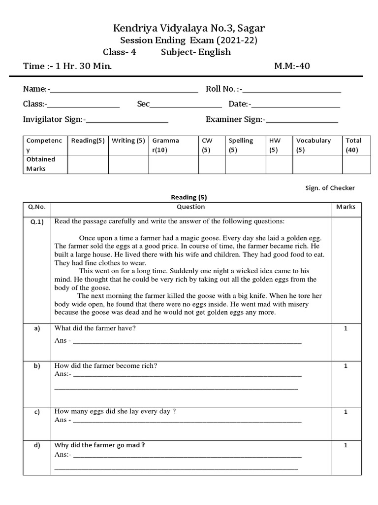 Class 4 English Exam Paper | PDF | Linguistics
