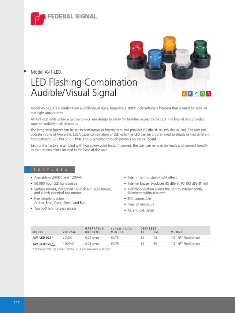 Federal Signal E 14 LED120G Lampada de LED Verde 120V Ficha Tecnica Catalogo Datasheet PDF