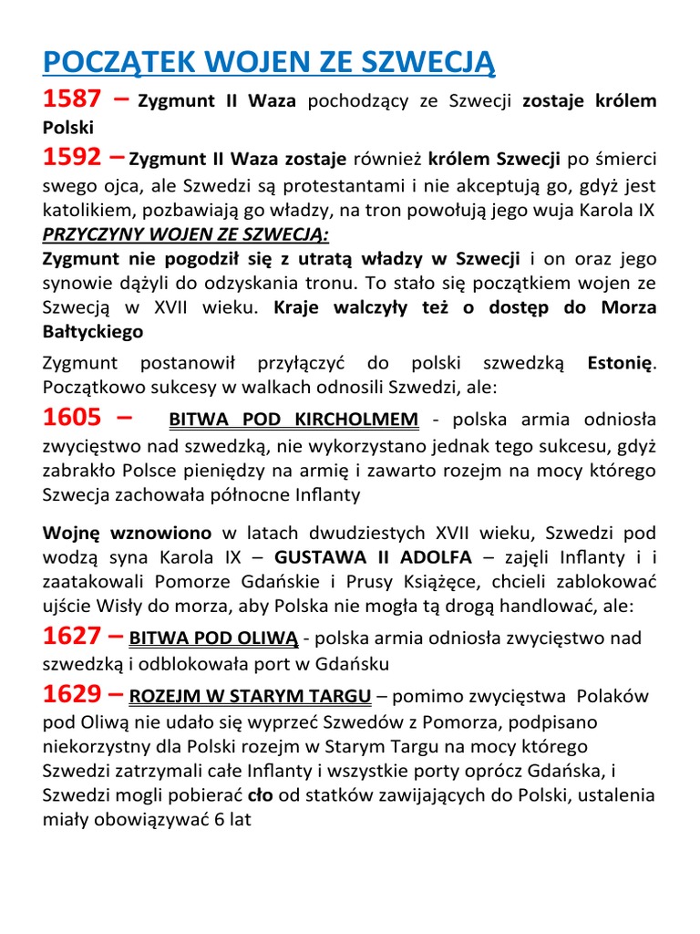 Przyczyny Wojen Ze Szwecja W 17 Wieku Początek Wojen Ze Szwecją | PDF