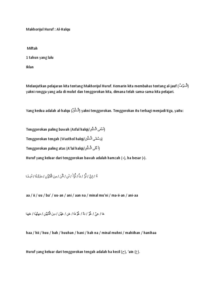 Makhorijul Huruf: Al-Halqu dan Contoh | PDF | Seni & Disiplin Bahasa