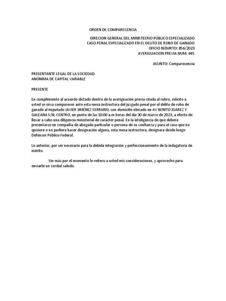 Orden de Comparecencia-1 | PDF