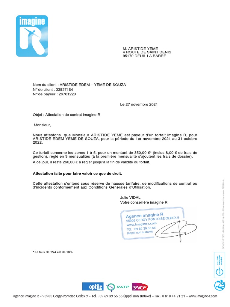 Attestation de contrat Imagine R 2021 | PDF
