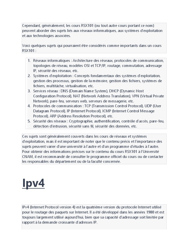 Cours RSX101 : Réseaux et IPv4 | PDF | Adresse IP | Protocoles Internet