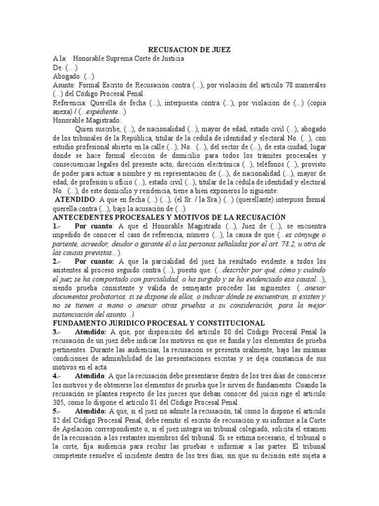 RECUSACION DE JUEZ | PDF | Ley procesal | Principios éticos