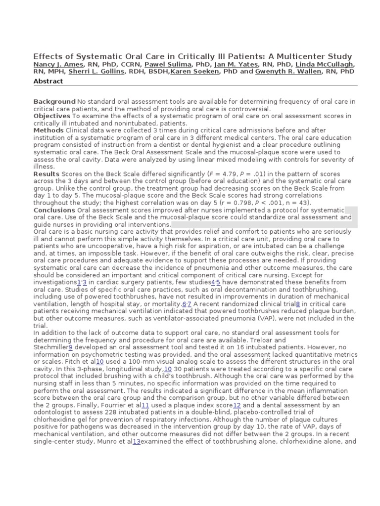 Effects of Systematic Oral Care in Critically Ill Patients PDF Oral
