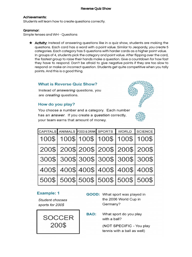 Reverse Quiz Show Activity Guide | PDF