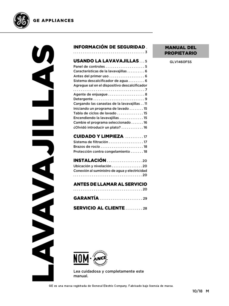 Manual de Usuario Lavavajillas GE GLV1460FSS | PDF | Lavavajillas ...