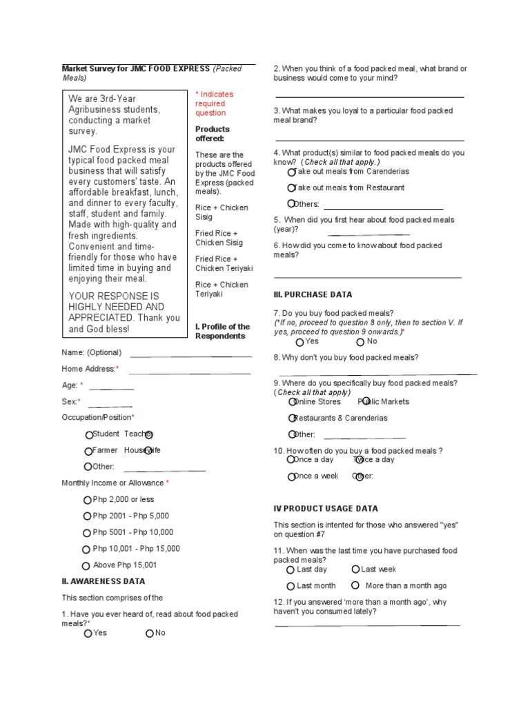 Market Survey Questionnaire PDF Meal Cuisine