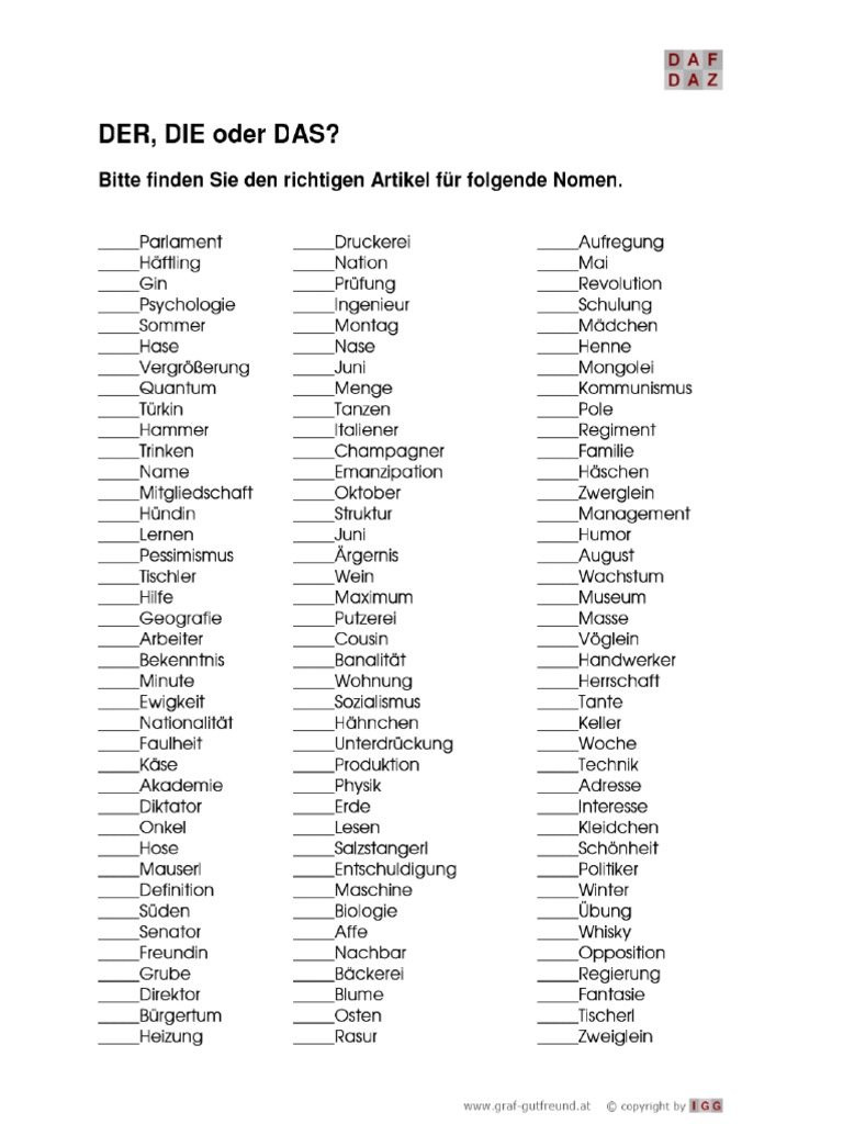 Übungen Der, Die, Das PDF