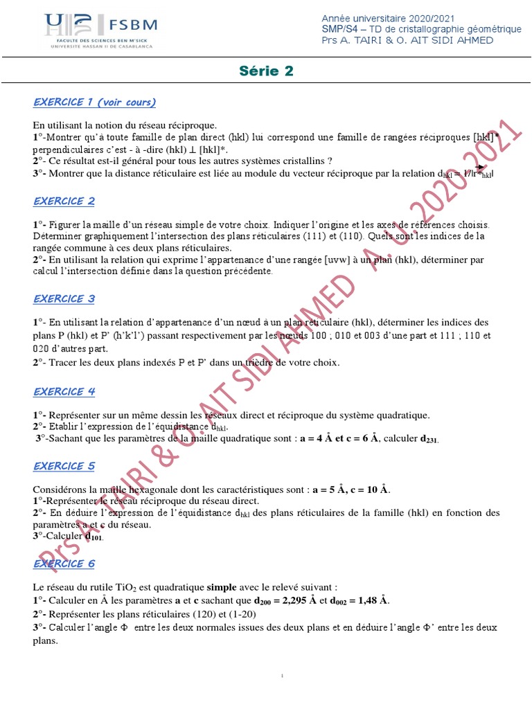 Exercices sur les plans réticulaires | PDF | Mathématiques | Géométrie ...