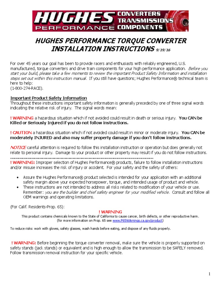 Hughes Torque Converter Installation Instructions PDF Screw