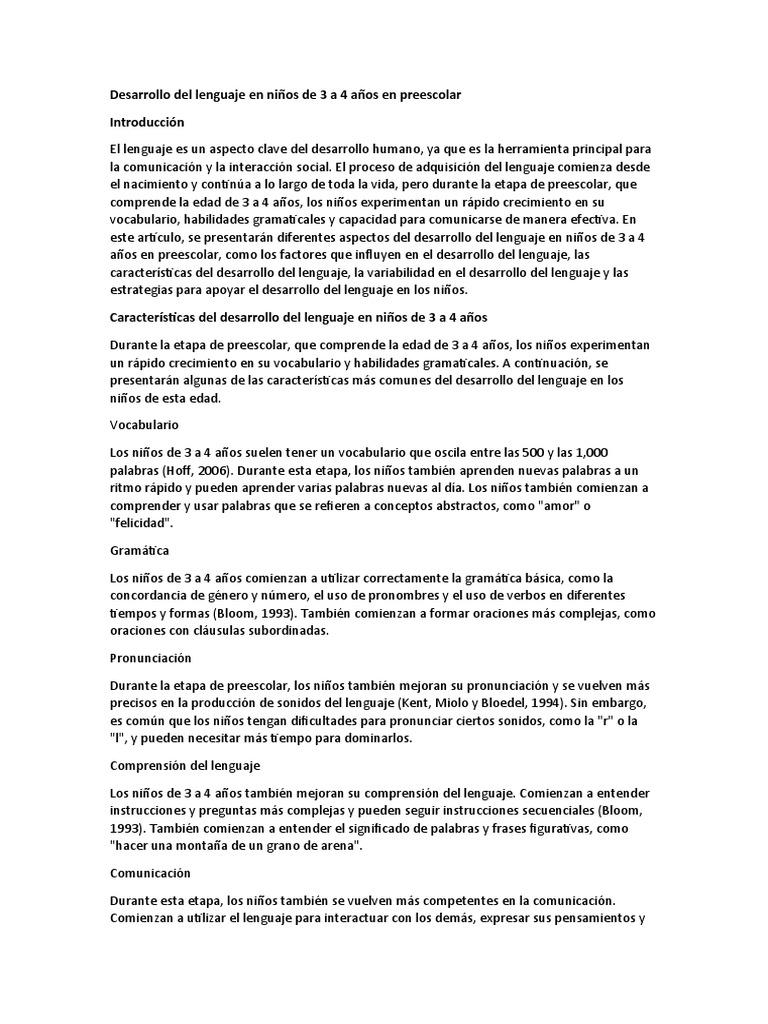 Desarrollo del lenguaje en niños de 3 a 4 años | PDF | Aquisición de ...