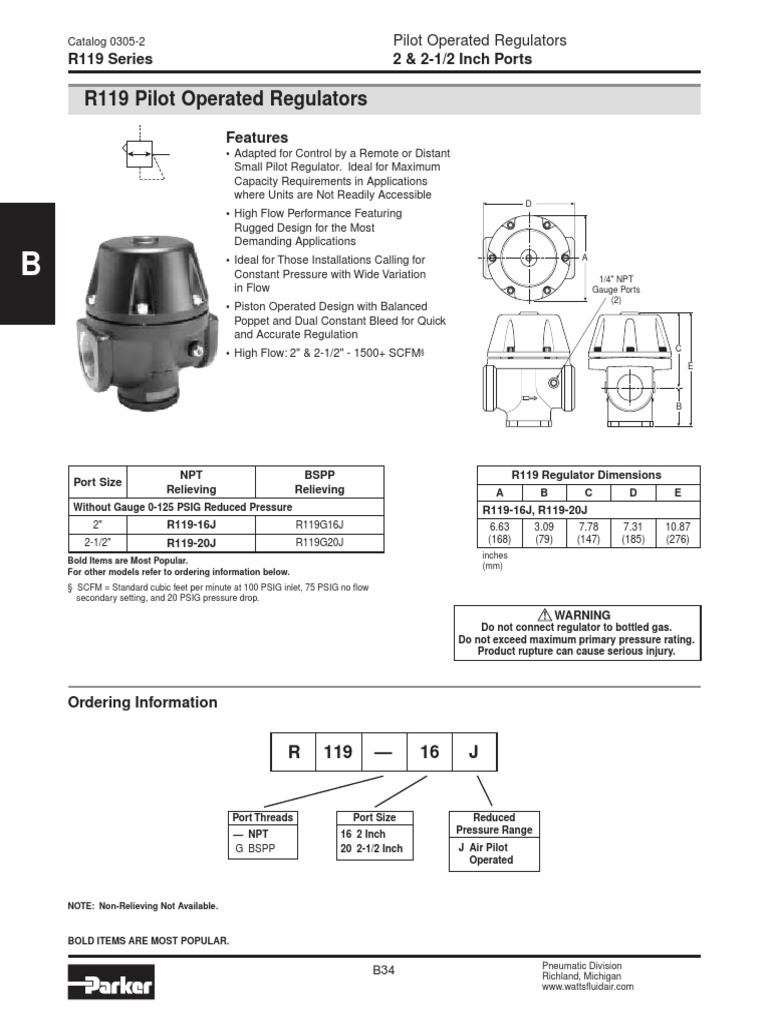 r119 16j Parker Air Regulator Datasheet | PDF | Pressure | Gases