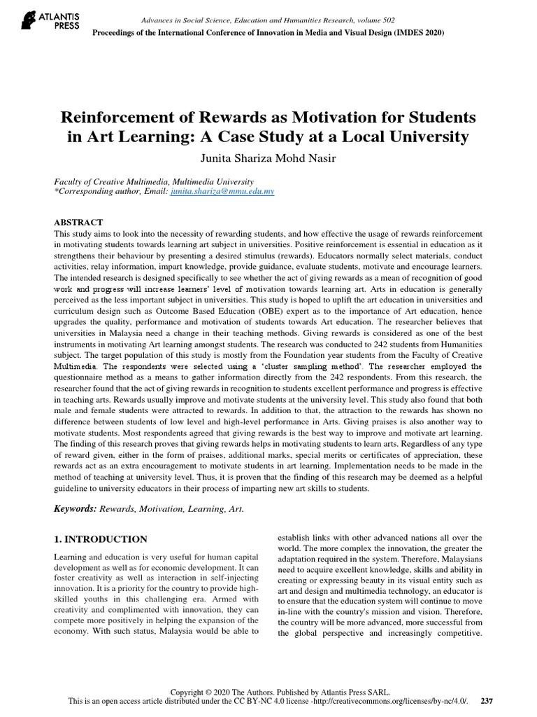 Reinforcement of rewards as motivation for students in art learning a