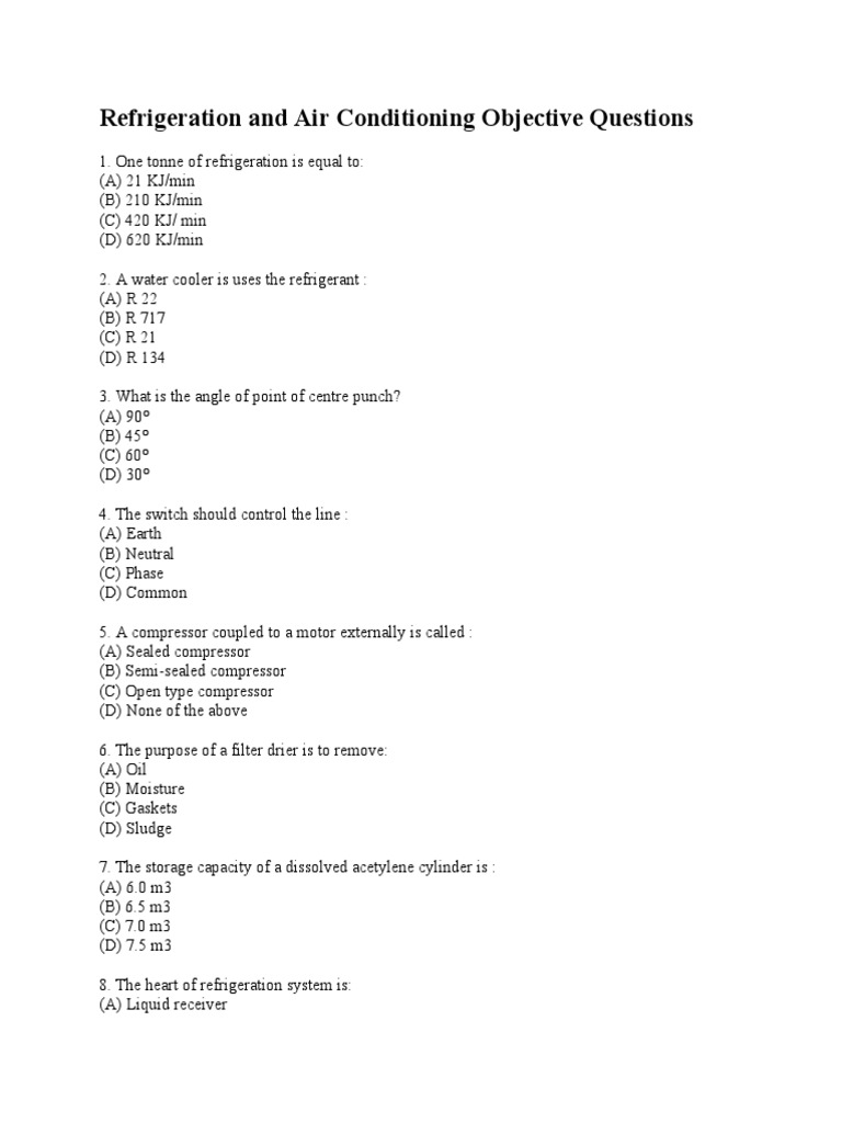 Refrigeration and Air Conditioning Objective Questions PDF Air