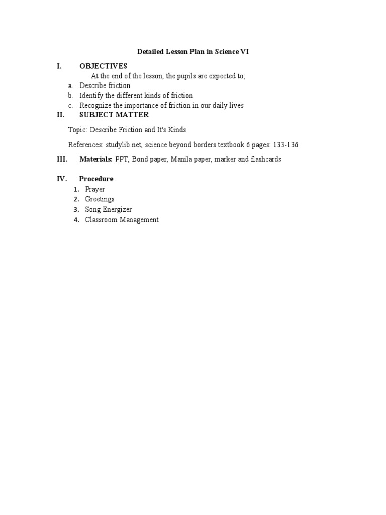 Mersie detailed lesson plan in science6 | PDF | Friction | Force