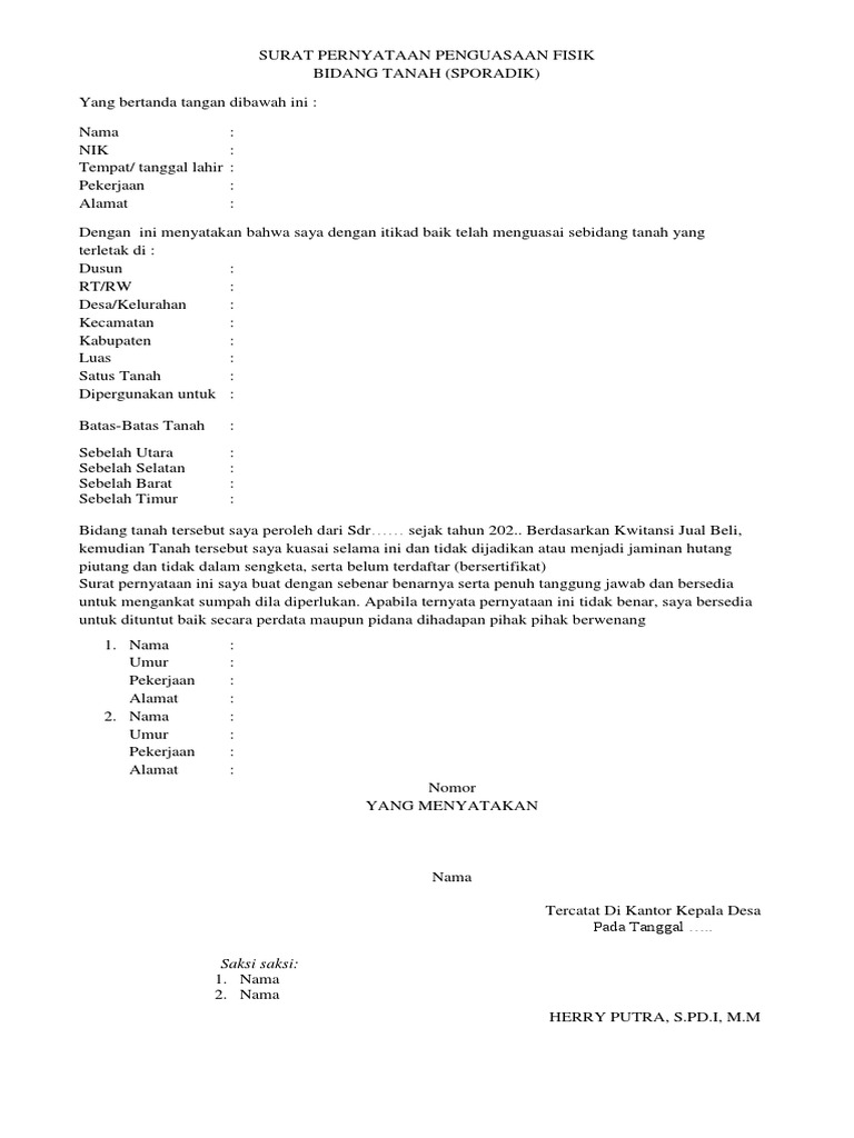 Surat Pernyataan Penguasaan Tanah | PDF