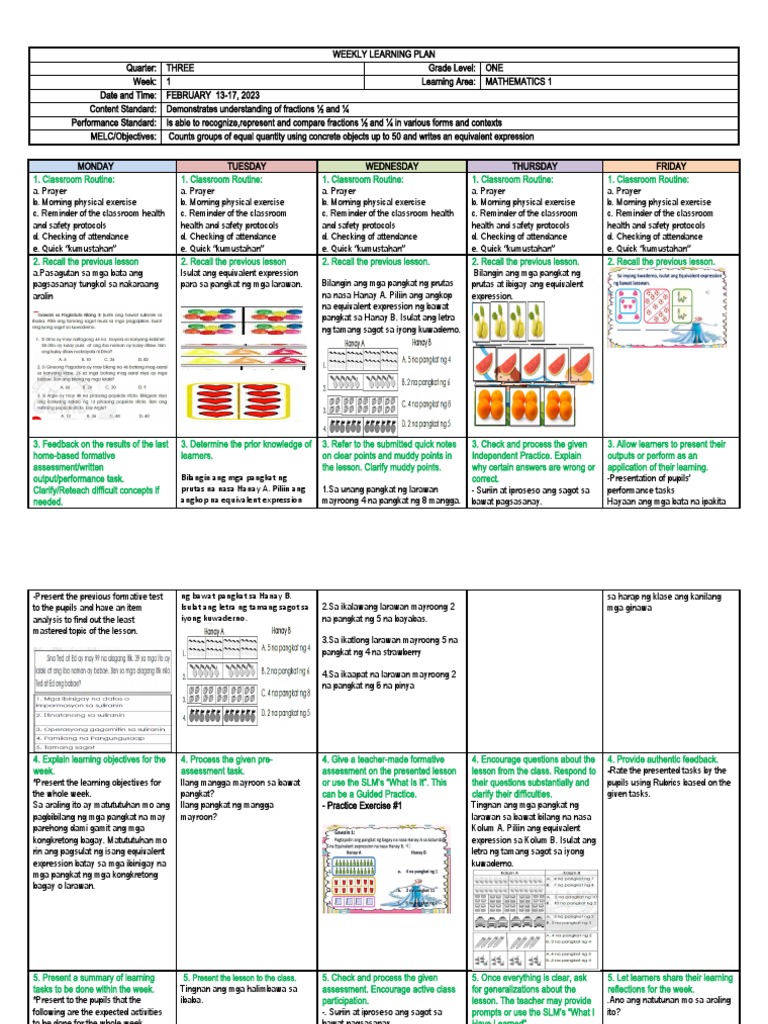 Weekly Math Learning Plan for Grade 1 | PDF | Learning | Education Theory
