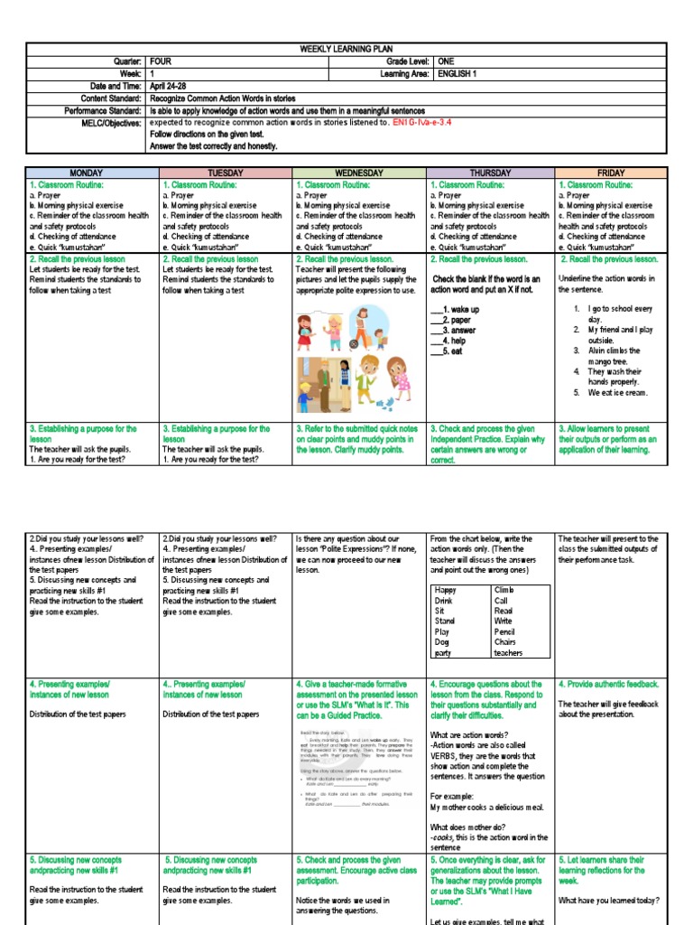 Weekly English Learning Plan for Grade 1 | PDF | Educational Assessment ...