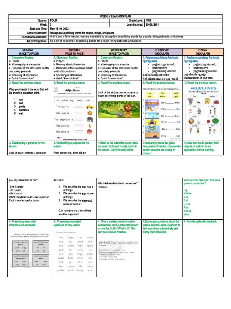 Weekly English Learning Plan for Grade 1 | PDF | Learning | Psychology