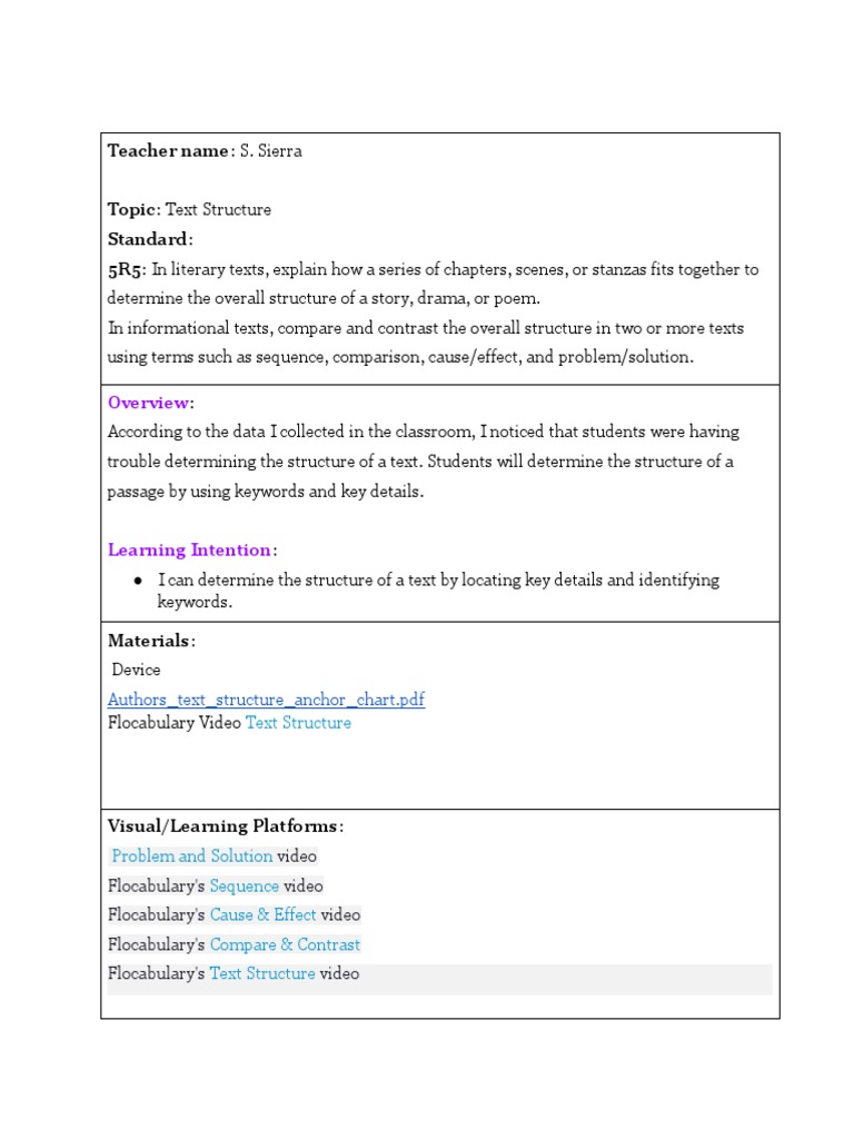 Text Structure Lesson Plan | PDF | Cognition | Behavior Modification