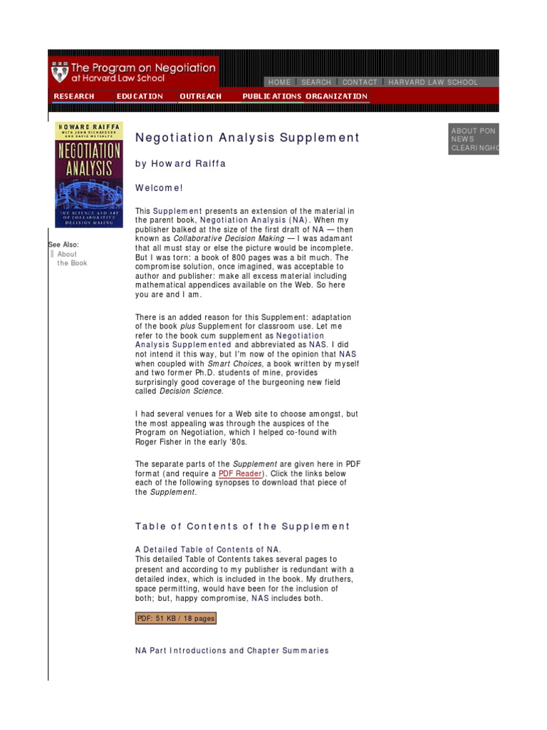 Negotiation Analysis Supplement: by Howard Raiffa | PDF