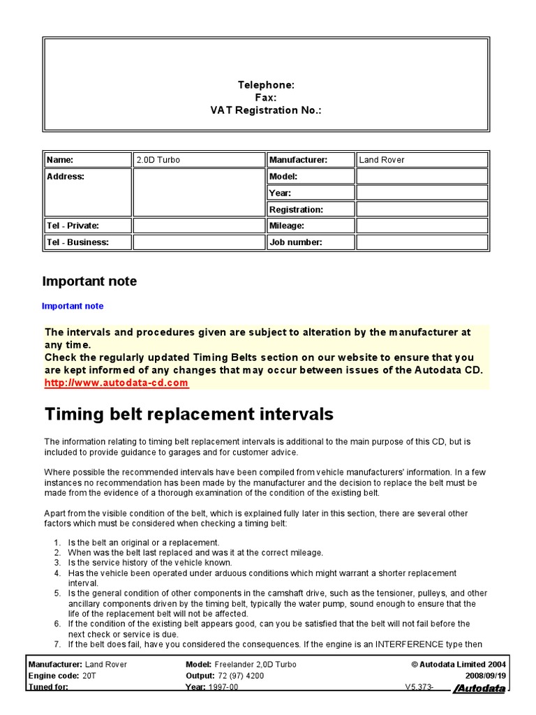 Freelander 20DT Timing Belt Replacement PDF