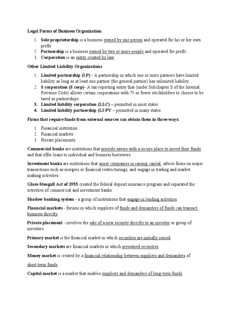 Legal Forms of Business Organization PDF Financial Markets