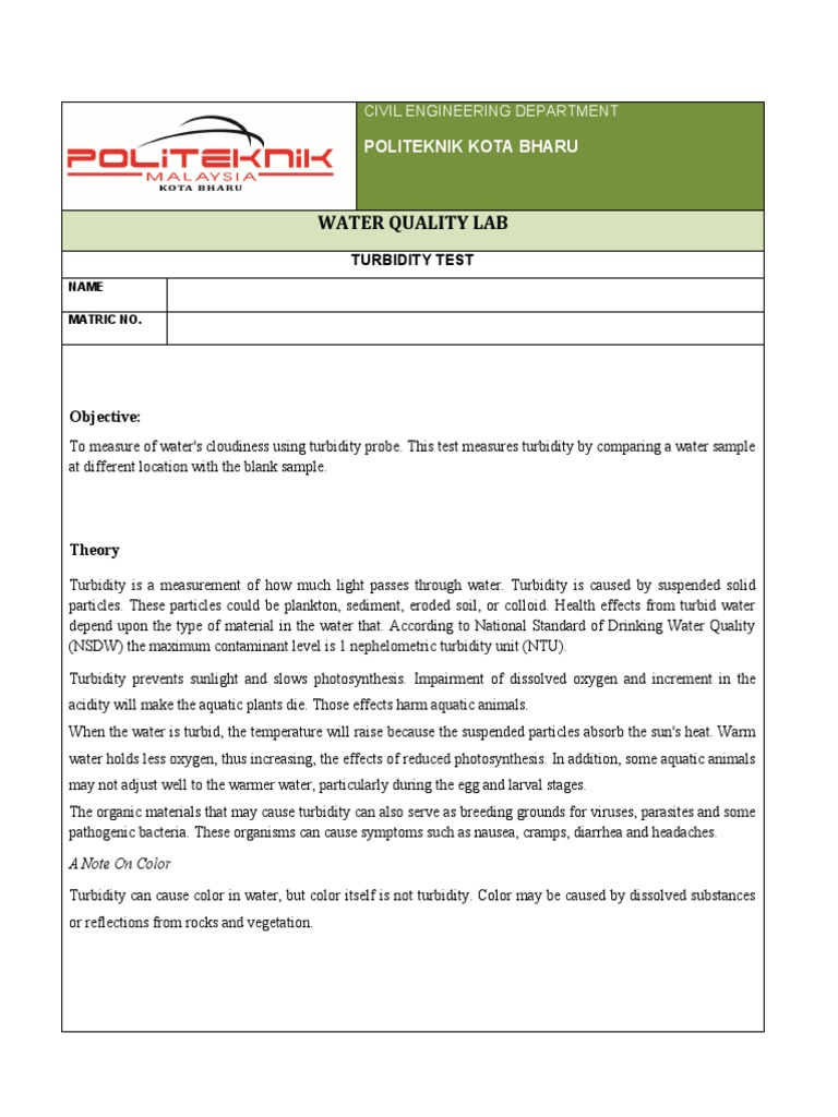 Turbidity Test | PDF | Water | Water Quality