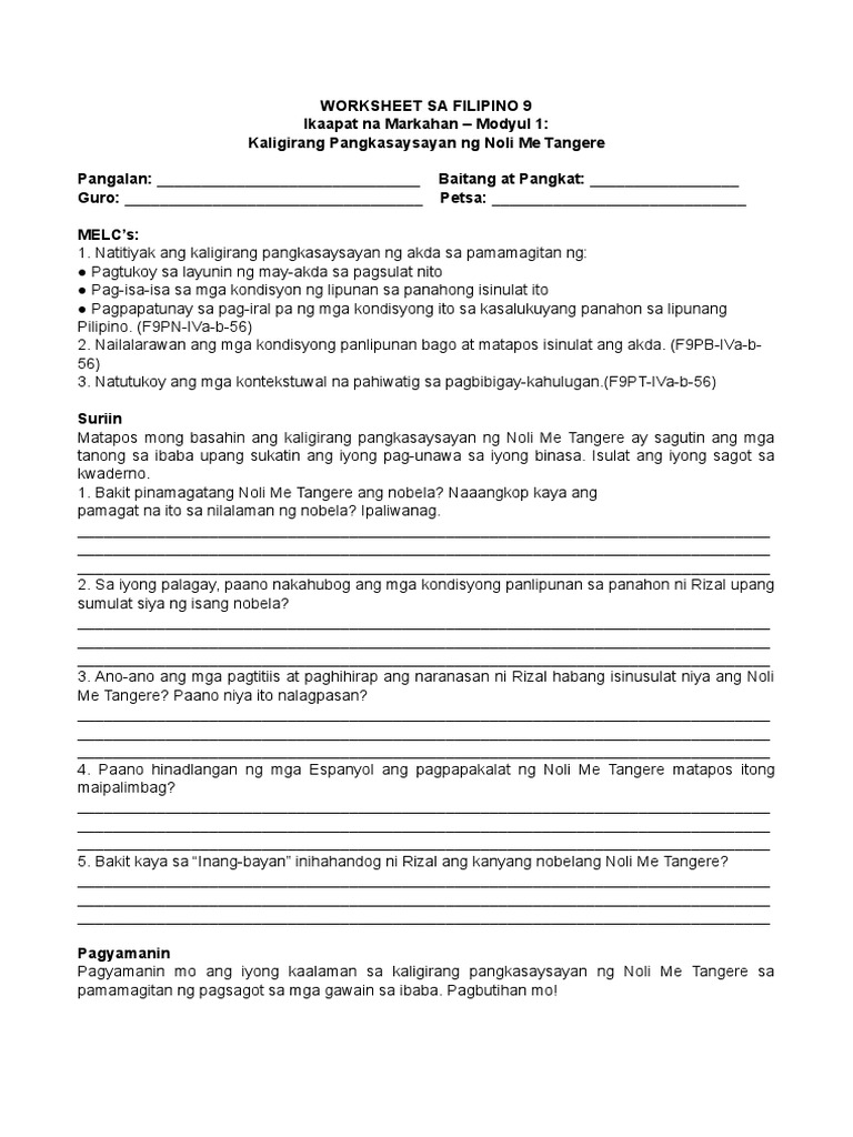 Worksheet Sa Filipino 9 Week 1 Pdf
