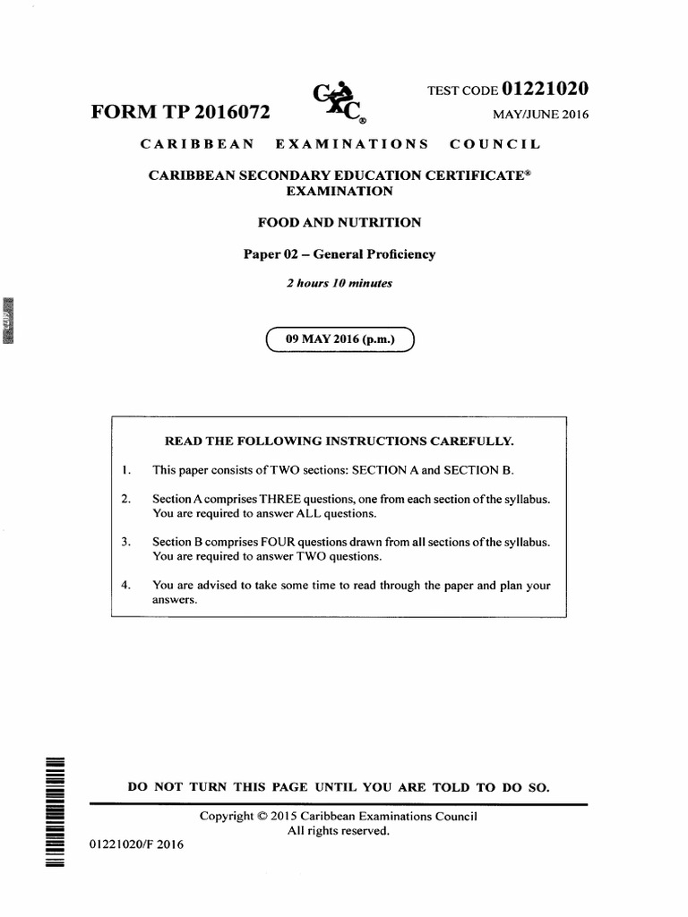 CSEC Food and Nutrition June 2016 P2 | PDF
