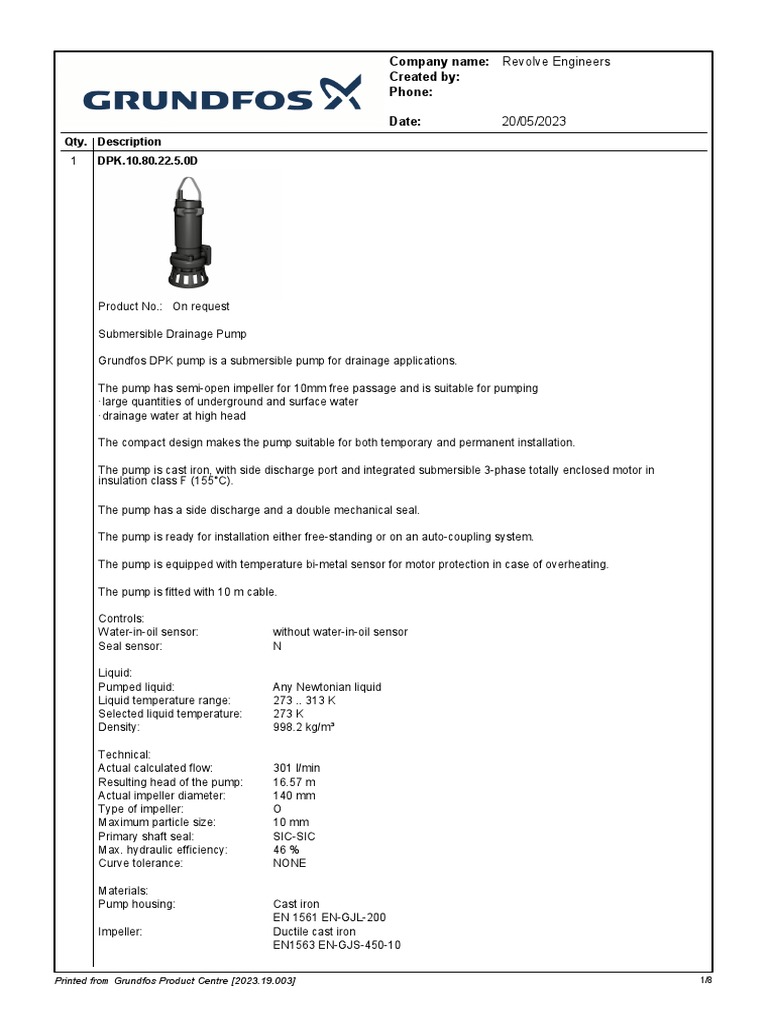 Grundfos DPK Submersible Pump Specs | PDF | Pump | Electric Motor