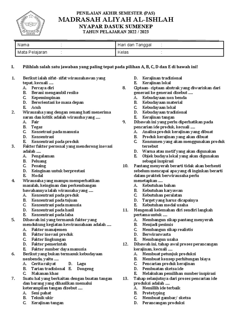Penilaian Akhir Semester Kewirausahaan | PDF