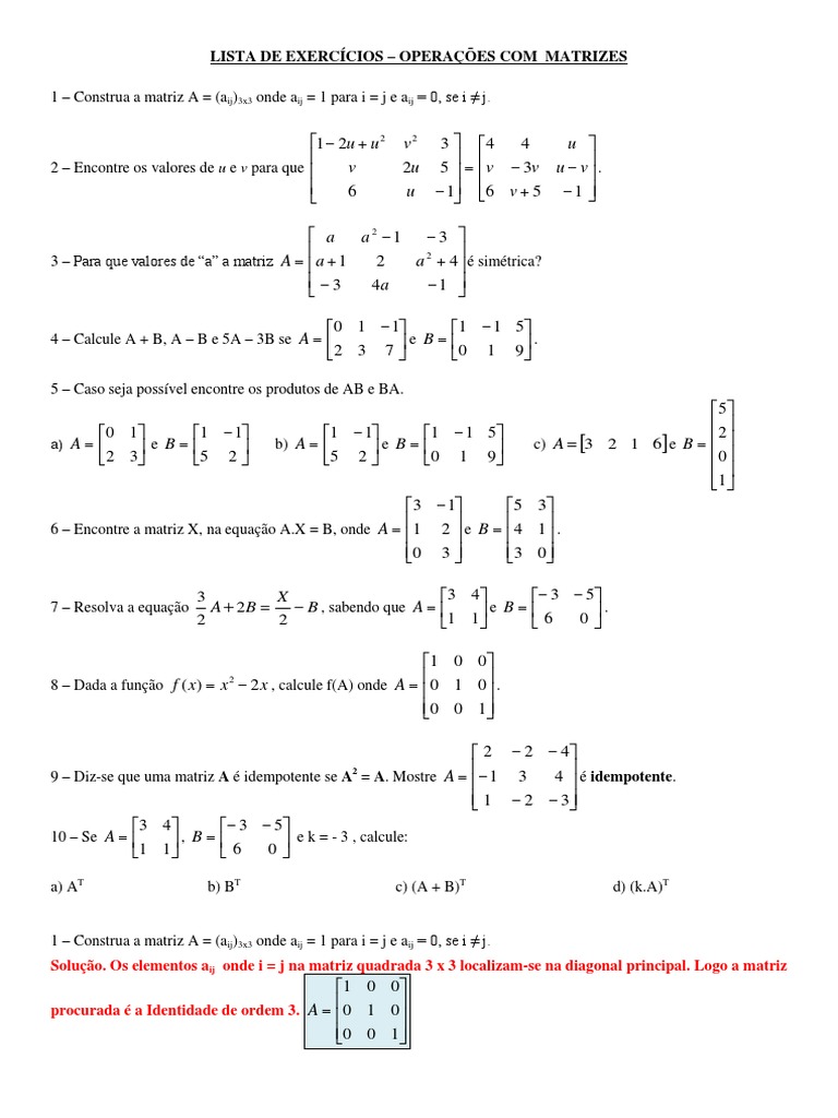 LISTA DE EXERCÍCIOS Matrizes | Download grátis PDF | Matriz (Matemática ...