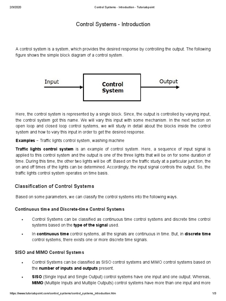 Control Systems - Introduction - Tutorialspoint 1 | PDF | Control ...