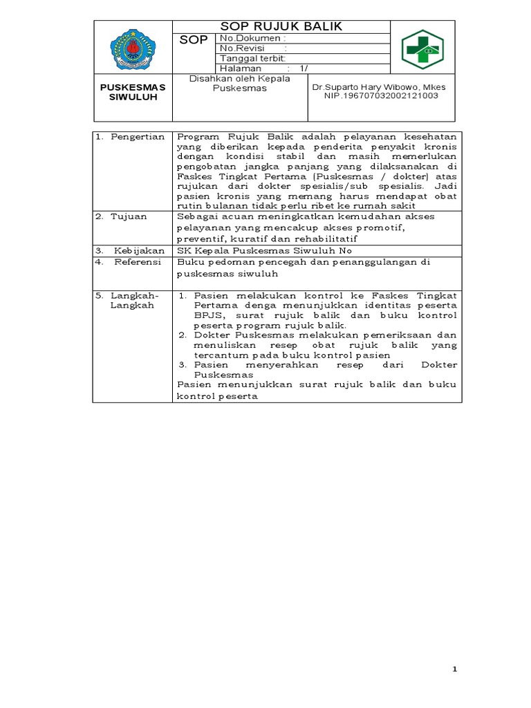 SOP Rujuk Balik Puskesmas Siwuluh | PDF