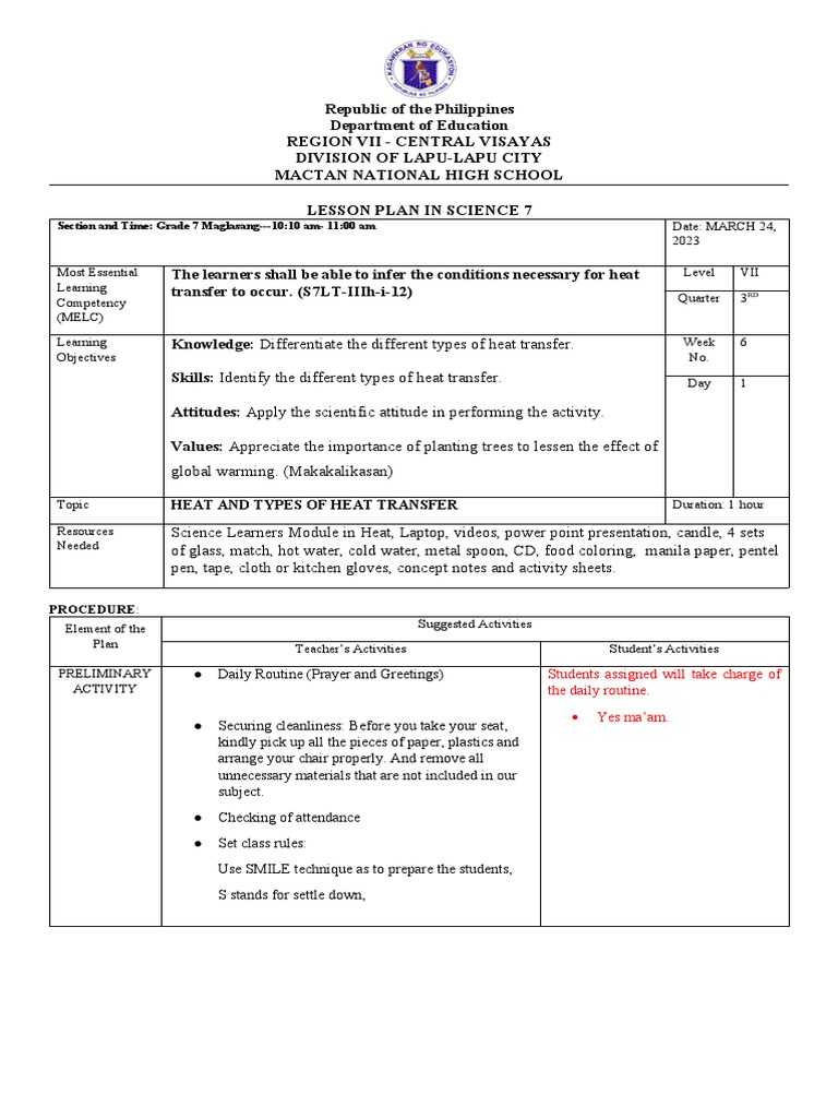 Heat Transfer Lesson Plan for Grade 7 | PDF | Heat Transfer | Heat