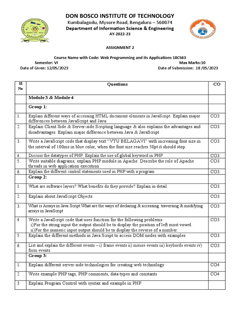 18CS63 Web Programming Assignment 2 | PDF | Class (Computer Programming ...