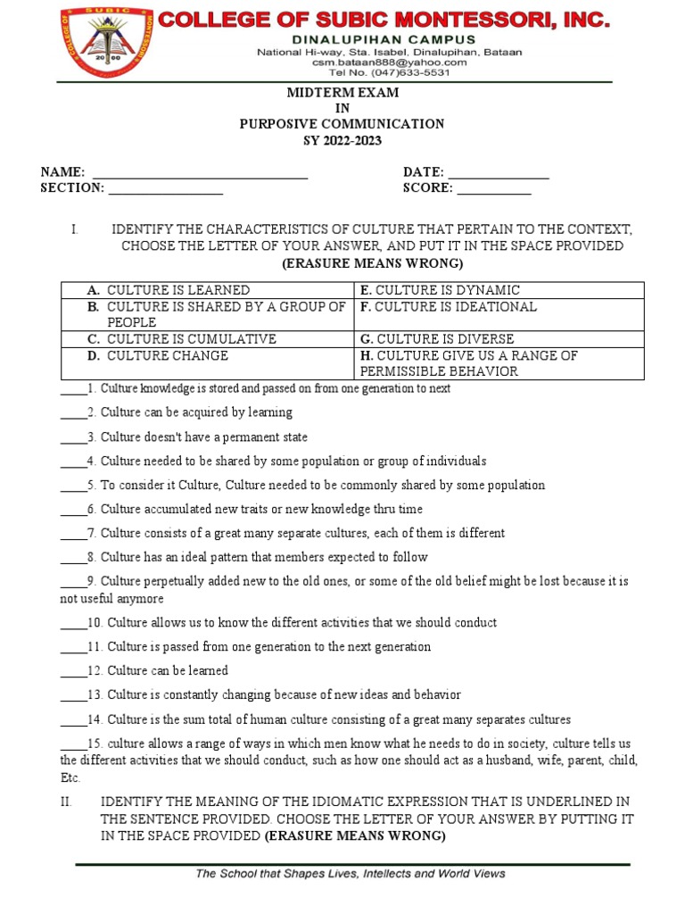 Purposive Communication Midterm Exam 2023 | PDF | Communication | Knowledge