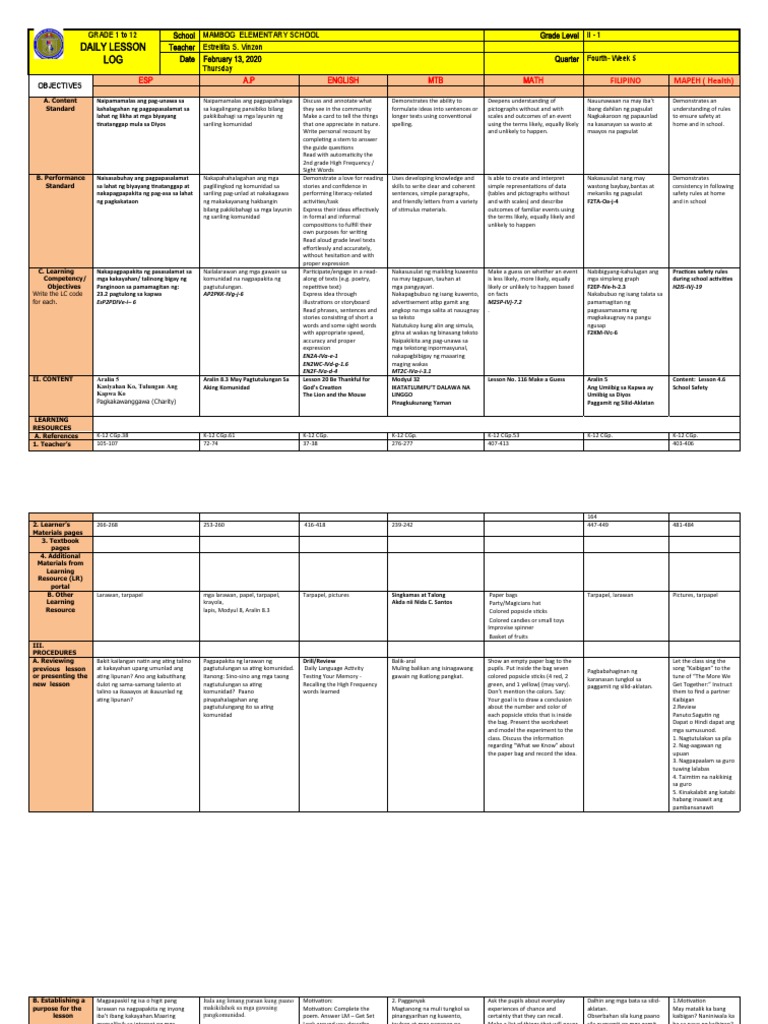 Grade 2 Daily Lesson Log Overview | PDF