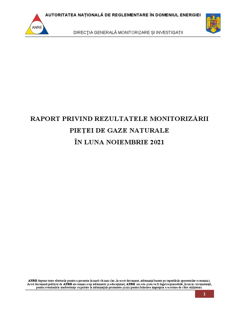 Raport Lunar de Monitorizare A Pietei Interne de Gaze Naturale Pentru