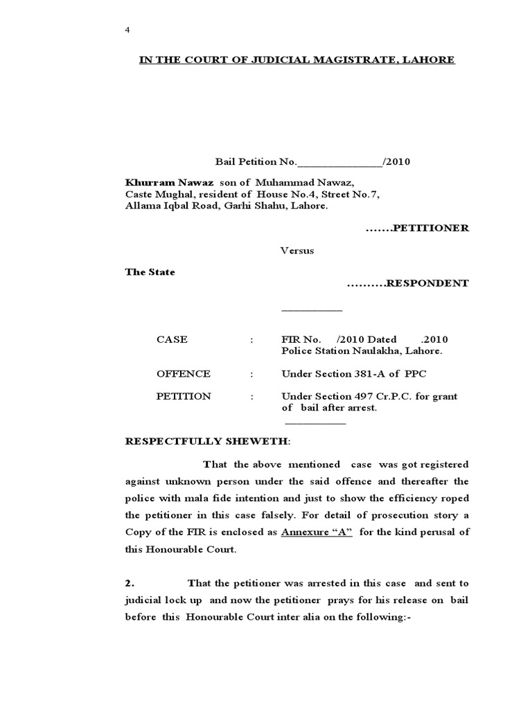 Bail Petition for Khurram Nawaz in Lahore | PDF | Bail | Arrest