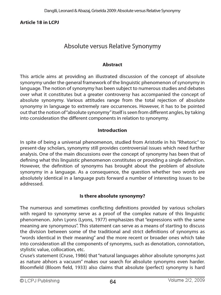 Absolute versus relative synonymy pdf word linguistics