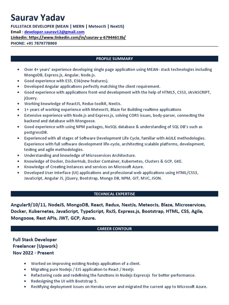 Full Stack Developer Profile: MEAN & MERN | PDF | Technology & Engineering