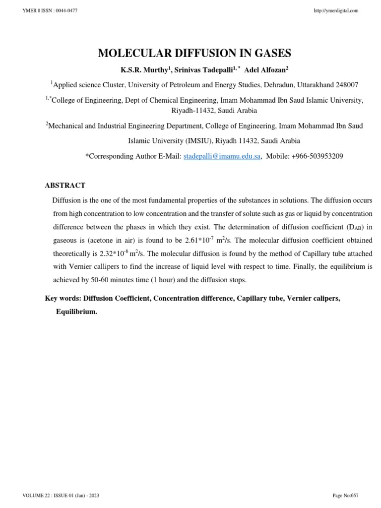Molecular Diffusion of Acetone in Air | PDF | Diffusion | Molecules
