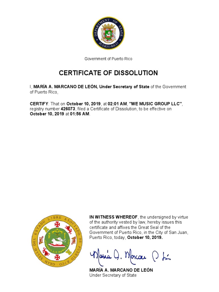 Corporation Dissolution Certificate PDF