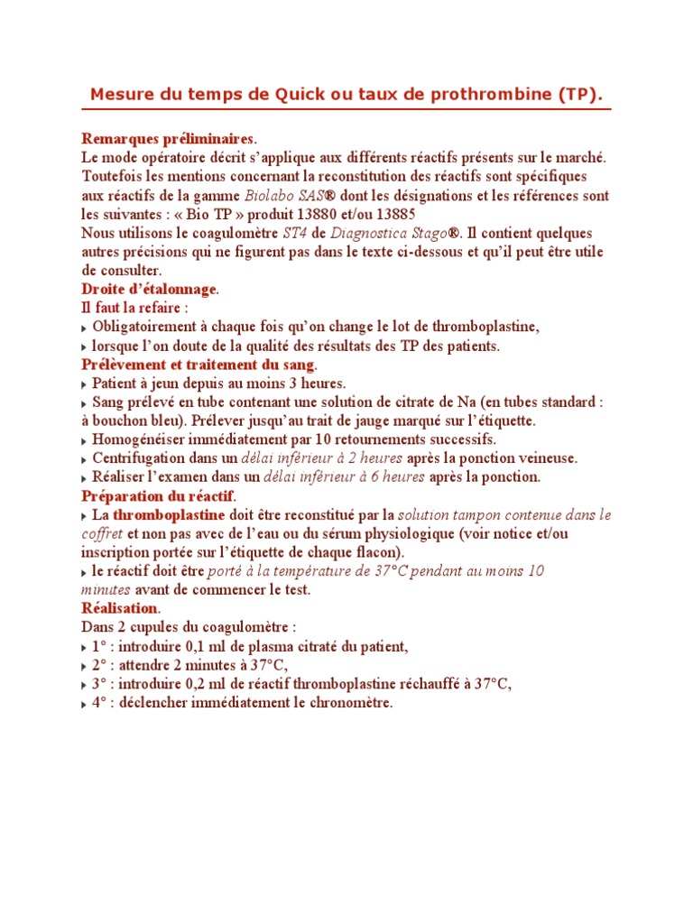 Mesure Du Temps de Quick Ou Taux de Prothrombine PDF