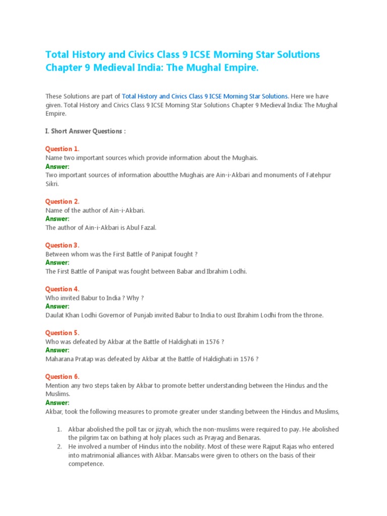 Total History and Civics Class 9 ICSE Morning Star Solutions Chapter
