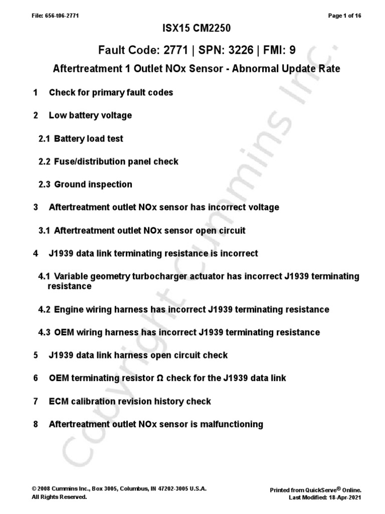 Fault Code 2771 SPN 3226 FMI 9 ISX15 CM2250 PDF Electrical